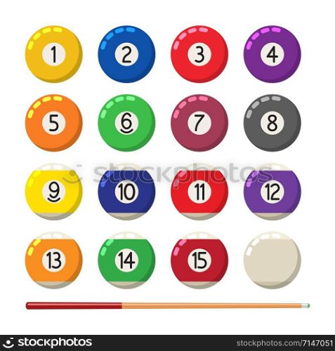 vector collection of billiard pool or snooker balls with numbers and cue isolated on white background, flat ball symbol, eps10 illustration