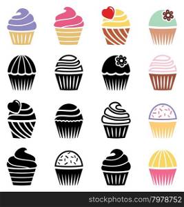 vector collection of black and white and colorful cupcake icons