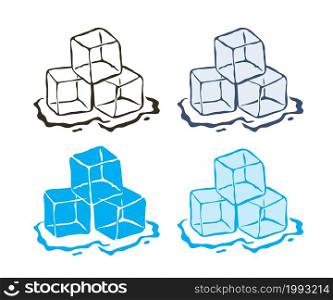 vector collection of blue and black and white ice cubes pile drawing. transparent ice cube chunks isolated on white background
