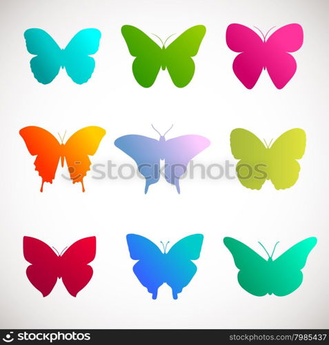 Vector collection of butterflies. Bright colors butterflies on white background. Pink, green, yellow and violet colors butterflies illustration