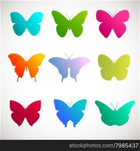 Vector collection of butterflies. Bright colors butterflies on white background. Pink, green, yellow and violet colors butterflies illustration