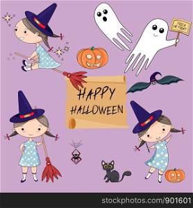 Vector collection of cartoon Halloween symbols. Halloween traditional decoration elements on a purple background: bat, cat, pumpkin, witches, spider, ghosts and some text.. Vector collection of cartoon Halloween symbols