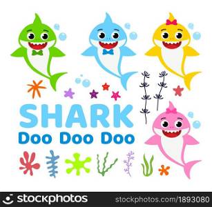 vector collection of cute baby shark cartoon with marine underwater animals, plants and text. funny ocean fish drawing, doo and shark text for birthday illustrations