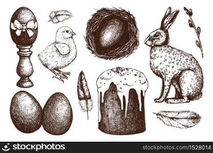 Vector collection of cute retro illustrations for easter design. Happy Easter Day design elements. Vintage hand drawn sketch set on chalkboard