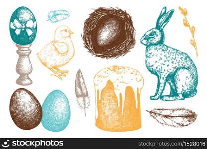 Vector collection of cute retro illustrations for easter design. Happy Easter Day design elements. Vintage hand drawn sketch set
