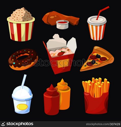 Vector collection of fast food pictures in cartoon style. Pizza and drink, snack donut and fast food illustration. Vector collection of fast food pictures in cartoon style