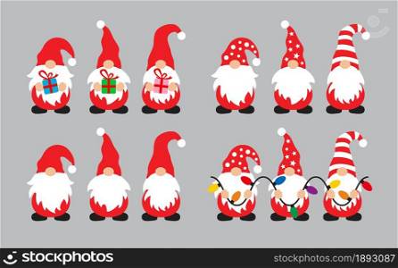 vector collection of gnome cartoon characters for christmas illustration. funny winter gnomes with gift boxes and christmas lights string isolated on gray background