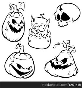 Vector collection of Halloween elements. Monster, pumpkin head, skull grim reaper icons. Vector outlines