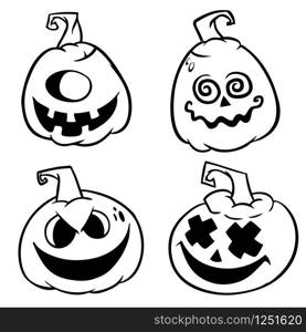 Vector collection of Halloween elements. Pumpkin head emotion set. Vector outlines