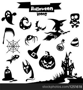 Vector collection of halloween elements. Pumpkin head, witch, skull, grim reaper, haunted house, cat,ghost, moon, spider, poison, pot, broomstick, candy, scythe, web, bat, tombstone icons.