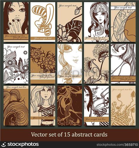vector collection of hand drawn cards with fantasy flowers and pretty girls