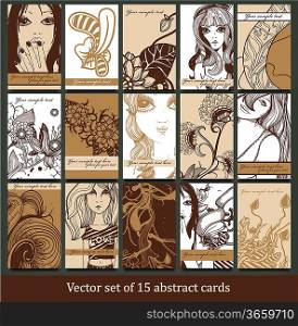 vector collection of hand drawn cards with fantasy flowers and pretty girls