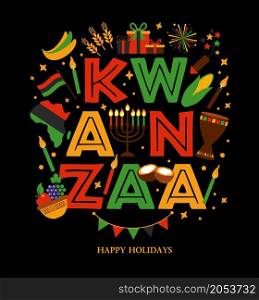 Vector collection of Happy Kwanzaa. Holiday symbols on black background. Vector illustration of Kwanzaa. Holiday african symbols with lettering on black background.