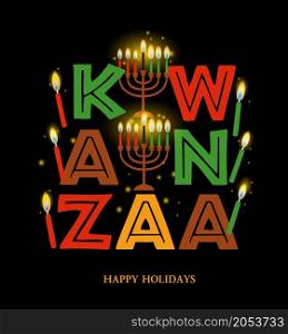 Vector collection of Happy Kwanzaa. Holiday symbols on black background. Vector illustration of Kwanzaa. Holiday african symbols with lettering on black background.