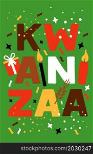 Vector collection of Happy Kwanzaa. Holiday symbols on green background. Vector illustration of Kwanzaa. Holiday african symbols with lettering on green background.