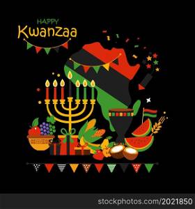 Vector collection of Happy Kwanzaa. Holiday symbols on white background. Vector card of celebration Happy Kwanzaa. Holiday symbols on black background in african map.