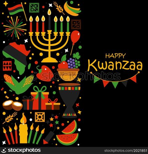 Vector collection of Happy Kwanzaa. Holiday symbols on white background. Vector card with collection of Happy Kwanzaa. Holiday symbols on black background. Vector illustration.