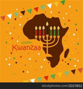 Vector collection of Happy Kwanzaa. Holiday symbols on white background. Vector card of celebration Happy Kwanzaa. Holiday symbols on yellow background in african map.
