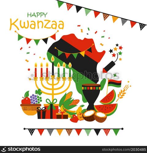 Vector collection of Happy Kwanzaa. Holiday symbols on white background. Vector card of celebration Happy Kwanzaa. Holiday symbols on white background with african map.