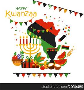 Vector collection of Happy Kwanzaa. Holiday symbols on white background. Vector card of celebration Happy Kwanzaa. Holiday symbols on white background with african map.