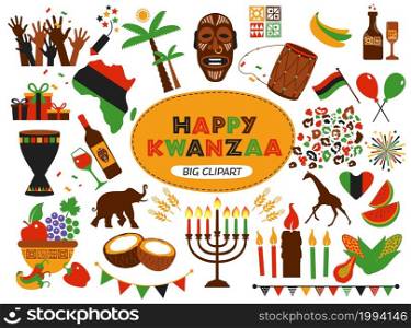 Vector collection of Happy Kwanzaa. Holiday symbols on white background. Vector collection of Happy Kwanzaa. Holiday symbols set on white background