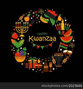 Vector collection of Happy Kwanzaa. Holiday symbols on white background. Vector collection of Happy Kwanzaa. Holiday symbols on black background in wreath.
