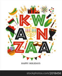 Vector collection of Happy Kwanzaa. Holiday symbols on white background. Vector illustration of Kwanzaa. Holiday african symbols with lettering on white background.