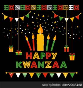Vector collection of Happy Kwanzaa. Holiday symbols on white background. Vector illustration of Kwanzaa. Holiday african symbols with lettering, candles on black background.