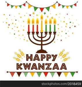 Vector collection of Happy Kwanzaa. Holiday symbols on white background. Vector illustration of Kwanzaa. Holiday african symbols with lettering, candles on white background.