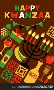 Vector collection of Happy Kwanzaa. Holiday symbols on white background. Vector illustration of Kwanzaa. Holiday african symbols with lettering on brown background.