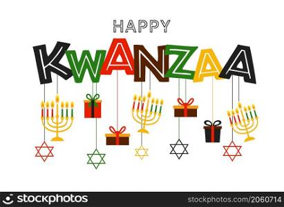 Vector collection of Happy Kwanzaa. Holiday symbols on white background. Vector illustration of Kwanzaa. Holiday african symbols with lettering on white background.