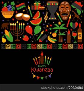 Vector collection of Happy Kwanzaa. Holiday symbols. Vector card with collection of Happy Kwanzaa. Holiday symbols on black background. Vector illustration.