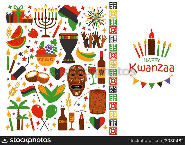 Vector collection of Happy Kwanzaa. Holiday symbols. Vector illustration collection of Happy Kwanzaa. Holiday symbols on black background. Vector illustration.