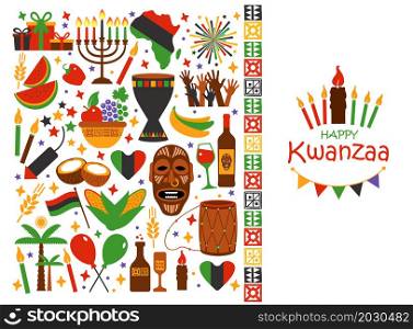 Vector collection of Happy Kwanzaa. Holiday symbols. Vector illustration collection of Happy Kwanzaa. Holiday symbols on black background. Vector illustration.