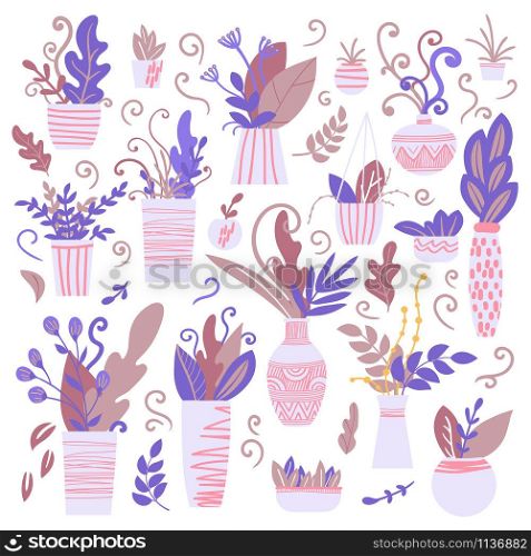 Vector collection of house plant isolated on white background. Illustration of indoor and office plants in pots. Design elements. Modern style. Vector collection of house plant