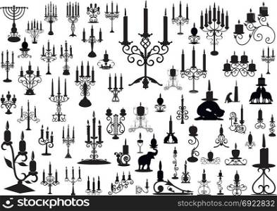 Vector collection of isolated candlesticks, black over wthite
