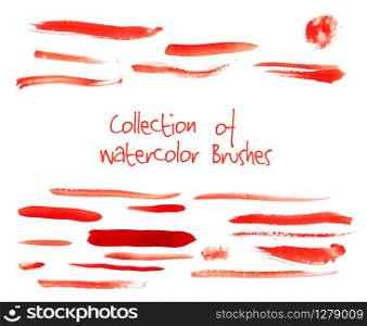 Vector collection of isolated red watercolor brushes on white background