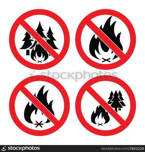 vector collection of no forest fire icons. alarm signs with trees and bonfire isolated on white background.