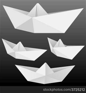 Vector collection of origami paper boats isolated on black.