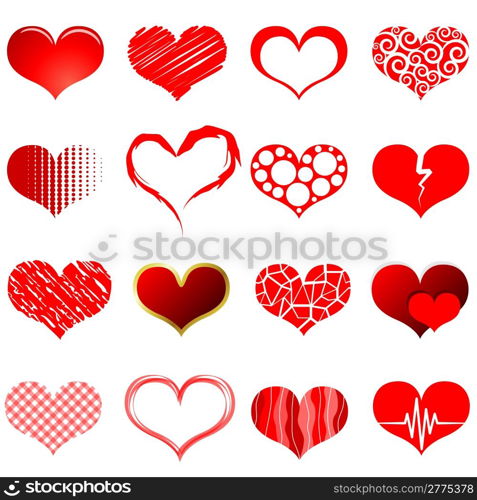 Vector collection of red heart shapes isolated on white background.