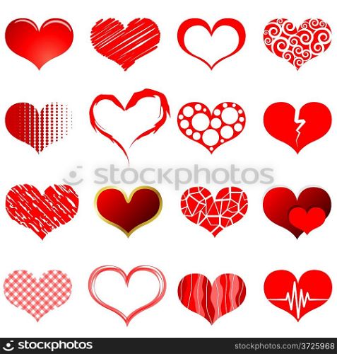 Vector collection of red heart shapes isolated on white background.