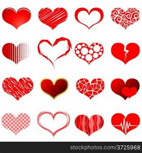 Vector collection of red heart shapes isolated on white background.