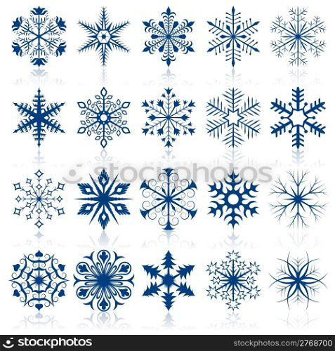 Vector collection of snowflake shapes isolated on white background.