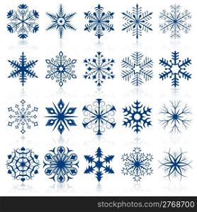 Vector collection of snowflake shapes isolated on white background.