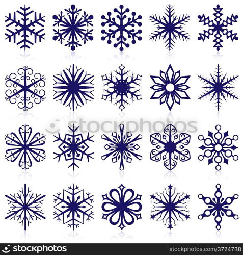 Vector collection of snowflake shapes isolated on white background.