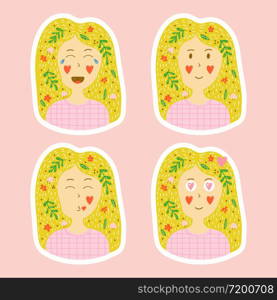 vector collection of stickers in hand drawn style. set of emotions of a young blonde girl with flowers in her hair. facial expression. badges for social networks.