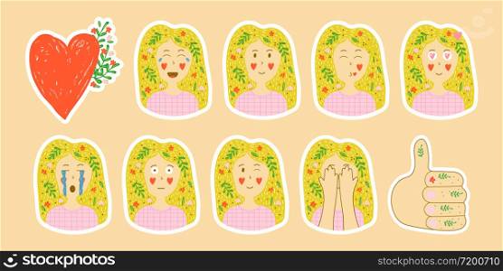 vector collection of stickers in hand drawn style. set of emotions of a young blonde girl with flowers in her hair. facial expression. badges for social networks.