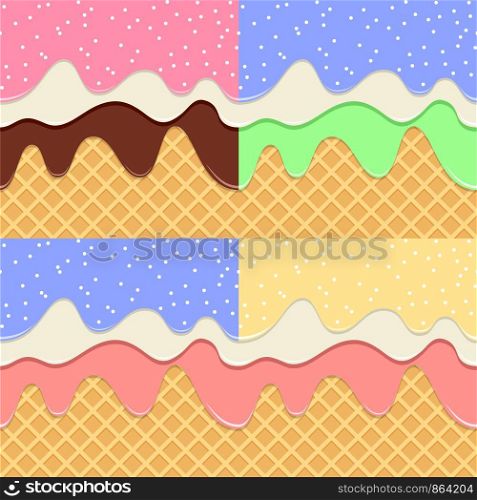 vector collection of wafer with colorful fruit syrup, icecream and melting chocolate backgrounds. seamless waffle texture pattern. crispy wafer with sweet fudge and sprinkles. eps10 illustration