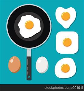 vector collection of whole eggs, fried eggs and frying pan isolated on blue background. chicken egg icons