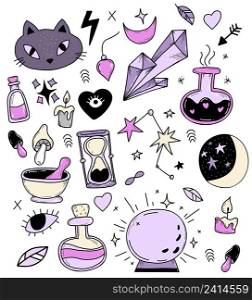 Vector collection of witch - Amulets, magic, witchcraft and occult ritual objects. cat and magic ball, love potion and magic mushrooms, crystal and starry sky with moon. Vector illustration. Isolated